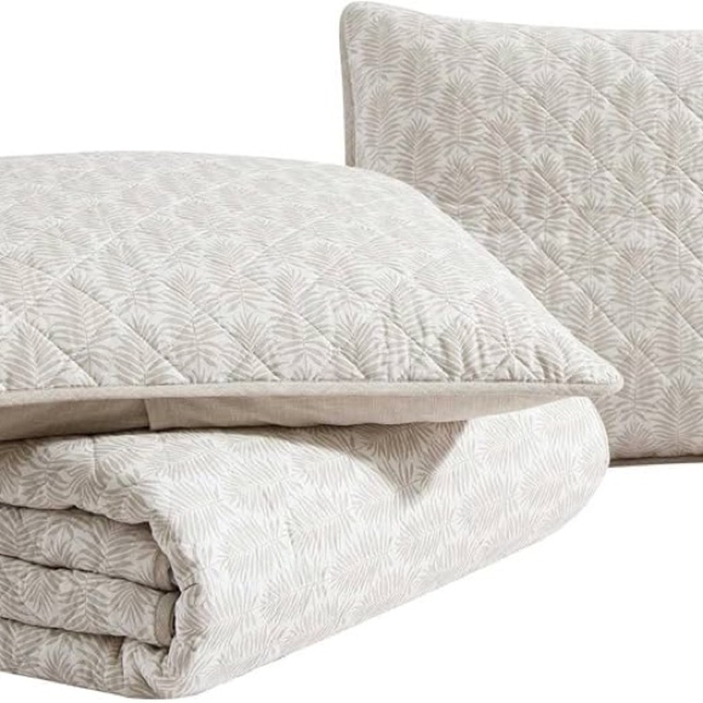 Tommy Bahama Queen Quilt Set, Reversible Cotton Set Shams,Frond Leaf Khaki,Queen